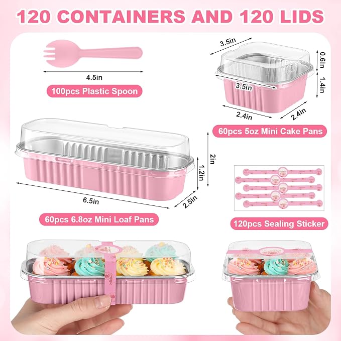 LemonRoad 120 Sets Mini Loaf Pan with Lids and Spoons 6.8oz Rectangular Aluminum Foil Bread Pan 5oz Square Cake Cup with Decal Disposable Baking Supply for Graduate Wedding Birthday (Pink)