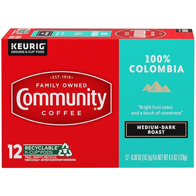 Community Coffee 100% Colombia Coffee Pods, Medium Dark Roast, Compatible with Keurig 2.0 K-Cup Brewers (12 Count, Pack of 6)
