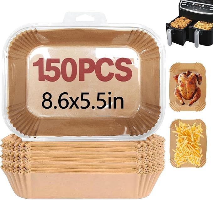 150PCS Air Fryer Liners for Ninja, 8.6 x 5.5 inch Disposable Air Fryer Paper Dual Basket, Non-Stick Unbleached Parchment Paper Baking Accessories Liners for Natural Ninja DZ201 DZ401