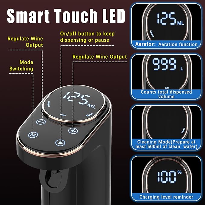Electric Wine Aerator, Rechargeable Wine Dispenser & Decanter, 1-999ML Quantitative Pour, Self-Clean & LED Touch Screen, Automatic Wine Pourer Ideal Gift for Wine Lovers Women and Men