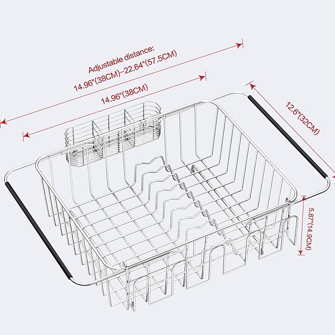 Fanbsy Dish Drying Rack in Sink, Extendable Stainless Steel Dish Drainers for Kitchen Counter, Anti-Rust Dish Dryer Rack with Utensil & Cup Holders, for Inside Sink, Over The Sink