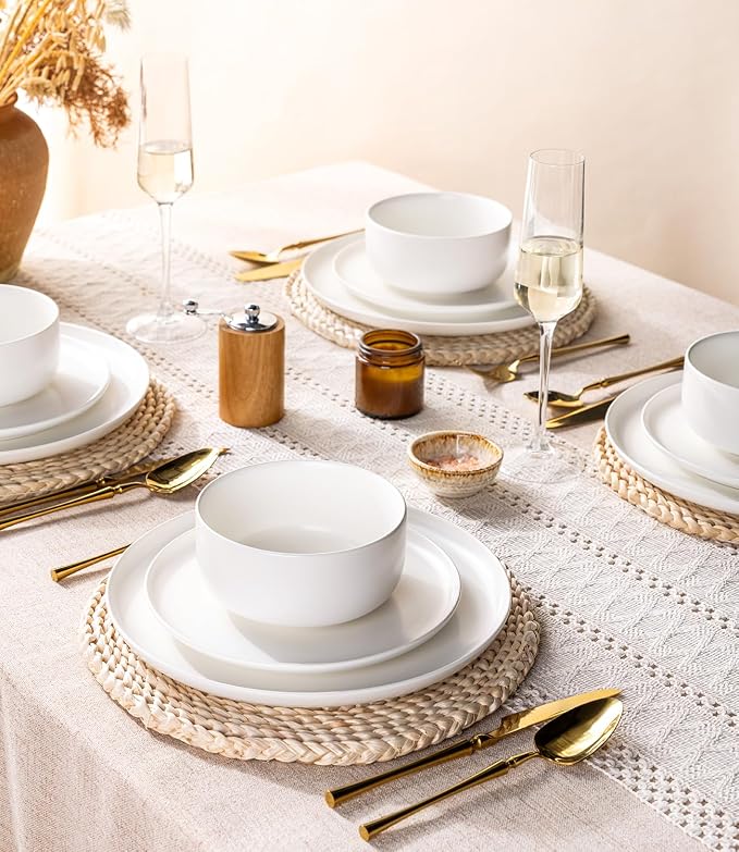 LERATIO Stoneware Dinnerware Sets for 6,Handcarft Ceramic Plates and Bowls Sets,Chip and Scratch Resistant Dishes, Dishwasher & Microwave Safe, Oven safe,Reactive Glaze-White