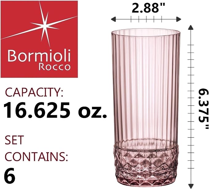 Bormioli Rocco America '20s 16.625 oz. Cooler Glasses, Lilac Rose, Set of 6