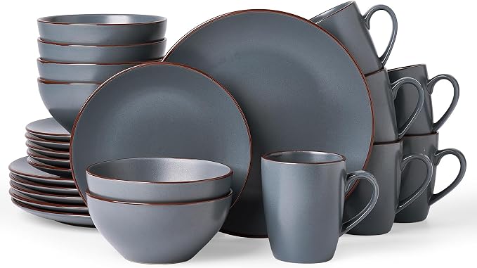Famiware Venus 24-Piece Stoneware Dinnerware Sets with Mugs, Plates, Bowls, Service for 6, Matte Charcoal - Modern Ceramic Chip‑Resistant Dishes for Everyday & Formal Use, Microwave & Dishwasher Safe