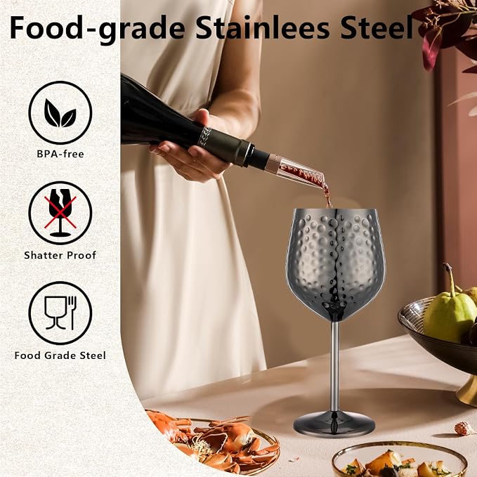 UNISWEET Stainless Steel Wine Glasses Set of 4 Unbreakable (Black) | 17 oz Large-capacity Hammered Goblets, Lightweight & Reusable, Good for Outdoor, Camping, Pool Travel, Gift for Wine Lovers