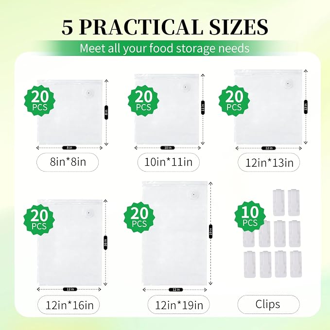 VISRIE 100Pcs Reusable Vacuum Sealer Bags for Food, 5 Assorted Size, BPA-Free Food Storage Bags for Sous Vide Microwave Heating, Compatible with Handheld Sealer and Vac Sealer Machine