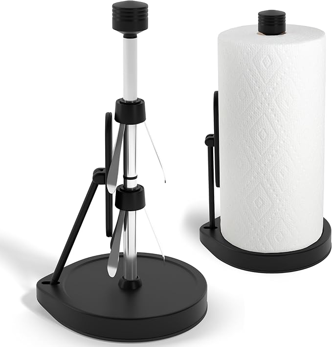 Stainless Steel Tension Arm Paper Towel Holder - Easy One-Handed Operation - This Sturdy Weighted Paper Towel Dispenser Countertop Model Has Suction Cups and Holds All Paper Towel Rolls (Black)