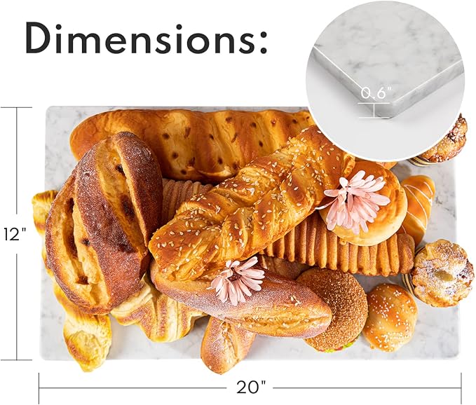 Lovdeco Marble Cutting Board, Pastry Board For Kitchen, Carrara White Marble Slab Gift With Non-Slip Feets, 12x20 Inch, 1 Piece