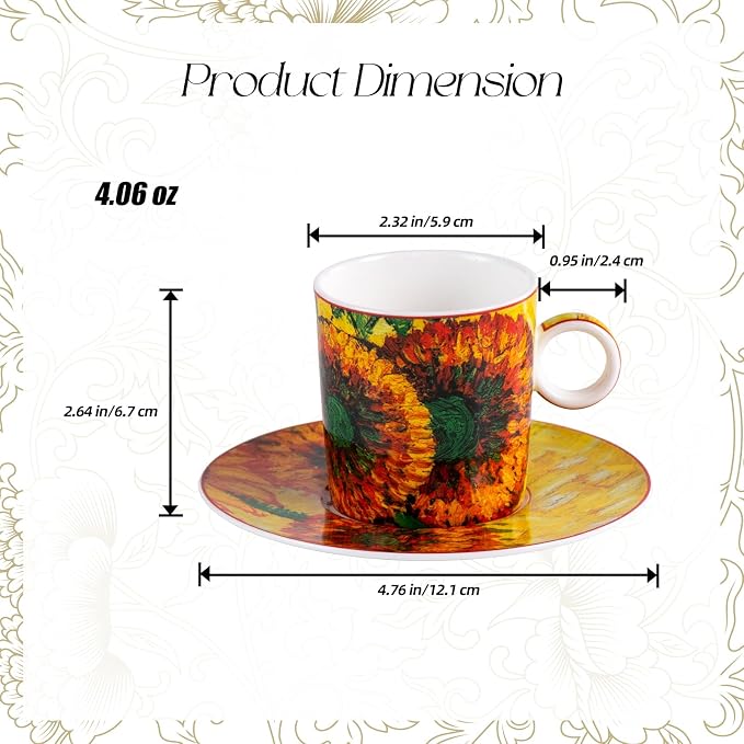 KAMMAK Tea Cups and Saucers Set of 2, Porcelain Coffee Cups, Stackable Espresso Mugs, Ceramic Demitasse for Coffee, Cappuccino, Latte, Americano, Tea, Small - Sunflower Oil Painting