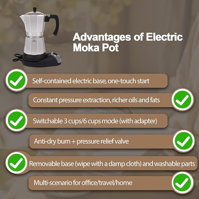 Aluminum Electric Moka Pot 3-6 Cup 270ml Express Coffee Maker Stovetop Espresso Portable Coffeemaker Italian Classic Brewing Greca Cafe Mocha with Removable Base and Overheating Protection Machine