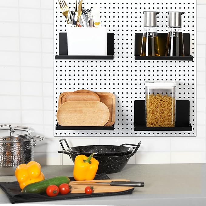 Therwen 4 Pack Magnetic Pegboard Shelves Wall Organizer Metal Pegboard Shelf Steel Tray Accessories Organizing Tools for Craft Home Kitchen(8 x 4.7 x 3.5 Inches,Black)
