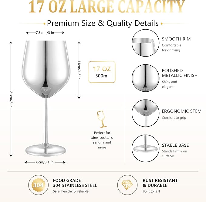 UNISWEET Stainless Steel Wine Glasses Set of 4 Unbreakable Wine Glass 18 oz Unique Metal Wine Goblets for Outdoor, Travel, Camping, Pool, Ideal Gift for Wine Lovers (Mirror-Silver)
