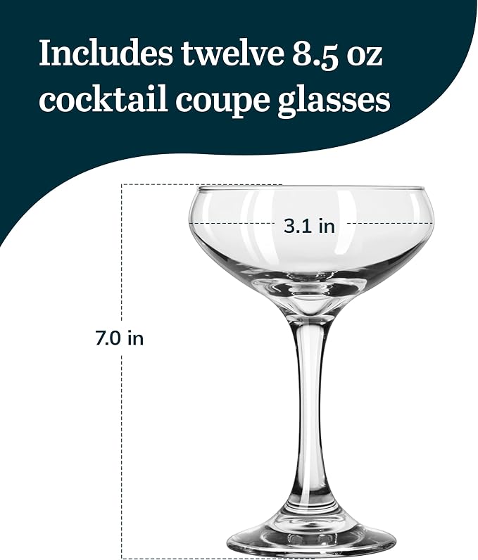 Libbey 3055 Perception Cocktail Coupe Glasses Set of 12, Elegant, Curvaceous Coupe Martini Glasses, 8.5 Oz Stemmed Champagne Coupe for Beverages