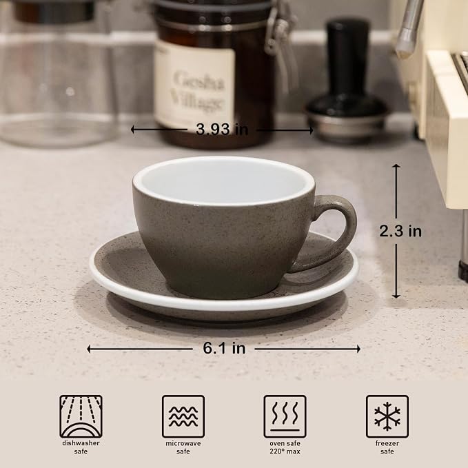 Loveramics Coffee Cup Ceramic, 8 oz Latte Art Cup with Saucer for Cappuccino, Tea, Espresso, Thick - walled stoneware Cappuccino mug Set for Cafe and Barista - Potters Colours (Granite, 8OZ)