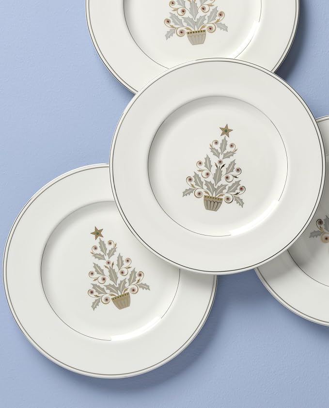 Lenox 897868 Federal Platinum Tree Accent Plates, Service For 4, Christmas Dishes, Dinnerware Set, Holiday