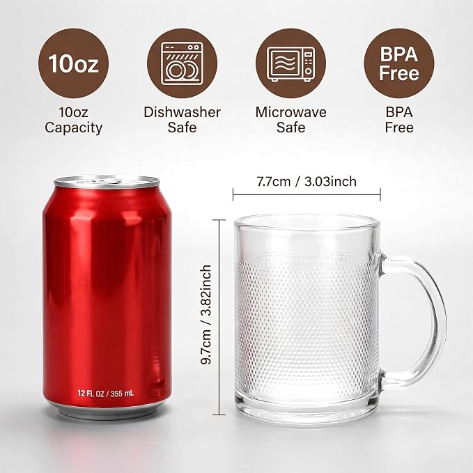 QAPPDA 12oz Clear Embossed Glass Coffee Mugs Set of 12, Glass Mugs with Handles, Vintage Iced Coffee Glass Cups for Tea Water Overnight Oats, Housewarming & Birthday Gifts for Women