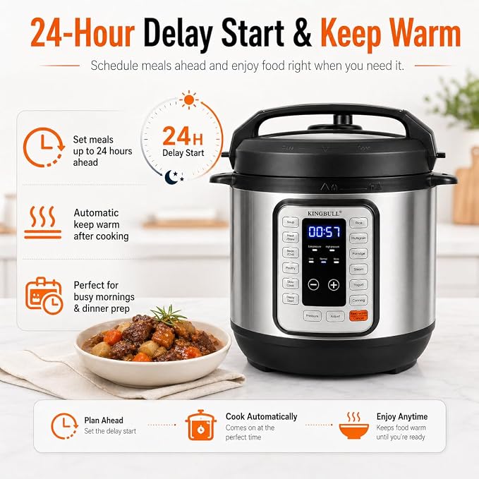 KINGBULL 6QT Electric Pressure Cooker – 12-in-1 Multi Cooker, One-Touch Programs for Rice, Soup, Meat, Steam, Yogurt, Slow Cook, Keep Warm & Delay Start