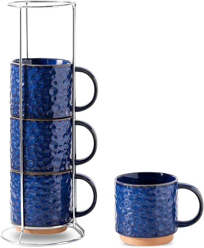 Nihow 16 OZ Ceramic Coffee Mug with Stackable Stand,Set of 4,Blue | Stainless Stand Included, Cappuccino & Tea, Hot/Cold Drinks, Dishwasher & Microwave Safe
