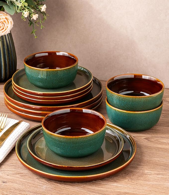 GBHOME Dinnerware Sets for 8, 24 Pieces Stoneware Plates and Bowls Sets, Scratch Resistant Dishes, Dishwasher & Microwave Safe, Reactive Glaze