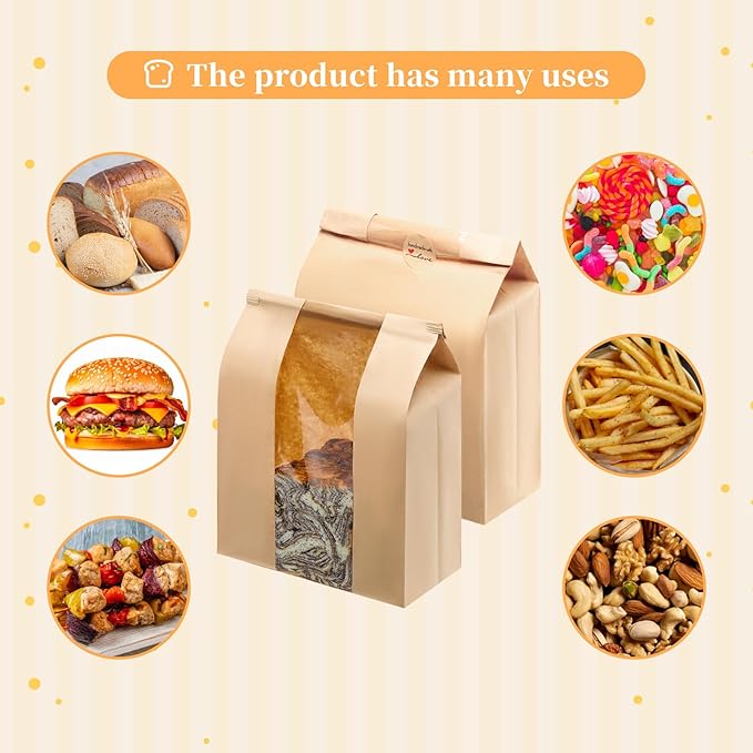 60 Pack Large Kraft Paper Bread Loaf Bag with Tin Tie Tab Lock ，for Homemade Bread Loaf Bags 14" x 8.3" x 3.5"，Sourdough Bread Bags with Clear Front Window for Baked Food Packaging Storage. (60) | 60 Pack Bread Bags, Clear Front Window, Tin Tie Tab Loc...