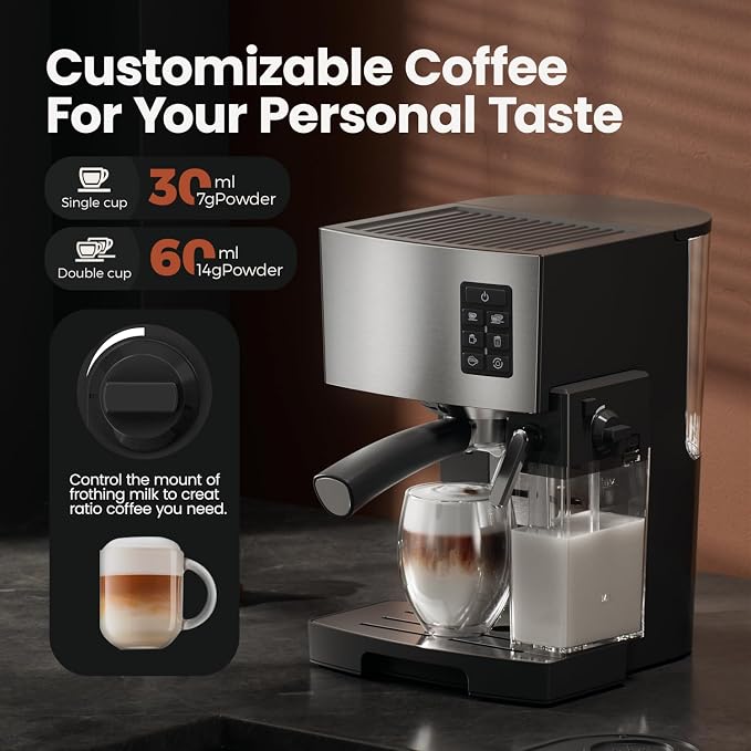 Cappuccino Coffee Machine - 20Bar Espresso Machine with Automatic Milk Frother, Espresso Maker in Stainless Steel Design,1250W Coffee Maker for Home, Office