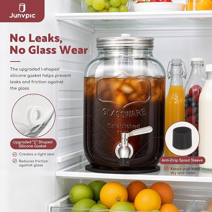 JunVpic Cold Brew Coffee Maker – 128oz / 1 Gallon Wide Mouth, Leakproof Heavy-Duty Glass Pitcher with Filter & Spigot for Iced Coffee, Lemonade, Ice Tea & Fruit Drinks
