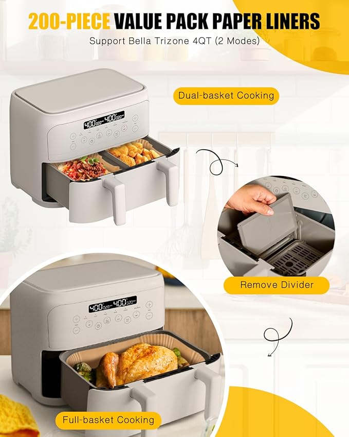 200PCs Air Fryer Paper Liners for Bella 4 QT TriZone Airfryer,100PCs Large for Single Zone, 100PCs Small for Dual Basket, Nonstick Disposable Parchment Paper Baking Inserts Accessories, Free of Bleach