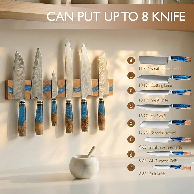 Magnetic Knife Holder, 15.7 Inch Walnut Wood and Resin Magnetic Knife Bar for Wall, Heavy Duty Magnet Holds 8 Knives, Handcrafted Ocean Blue (Ocean's Embrace)