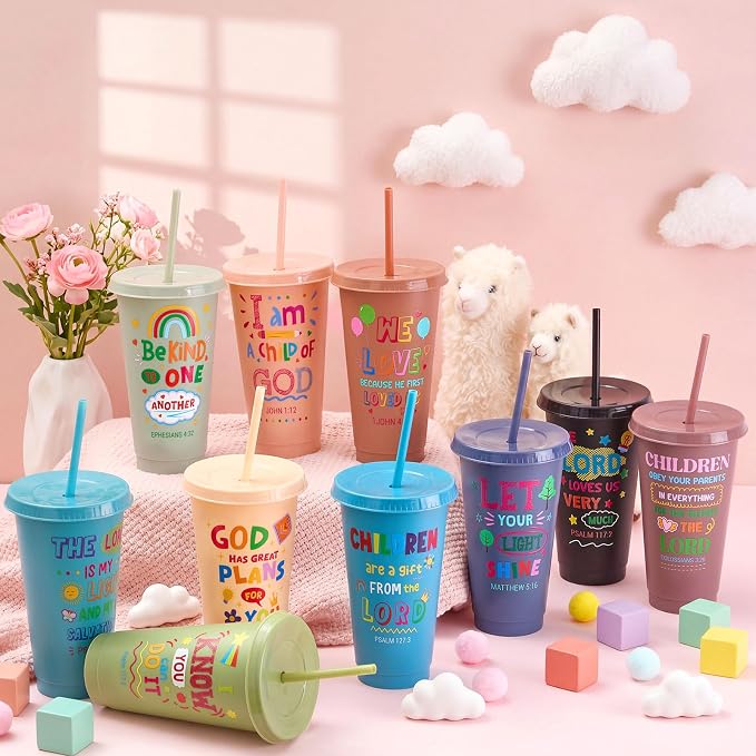 Uiifan 10 Pcs Morandi Christian Cups for Kids, Vacation Bible School Gifts 24oz Pastel Reusable Plastic Tumblers with Lids Straws, Bible Verse Party Cups for Sunday School, Classroom and Holiday Gifts