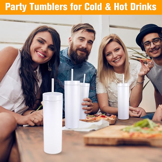 Mimorou 30 Pack Skinny Tumbler with Lids and Straws 16 oz Matte Acrylic Tumblers Straight Double Wall Plastic Reusable Cup Laser Engrave Customized DIY Gifts for Parties Birthday Home Office (White)