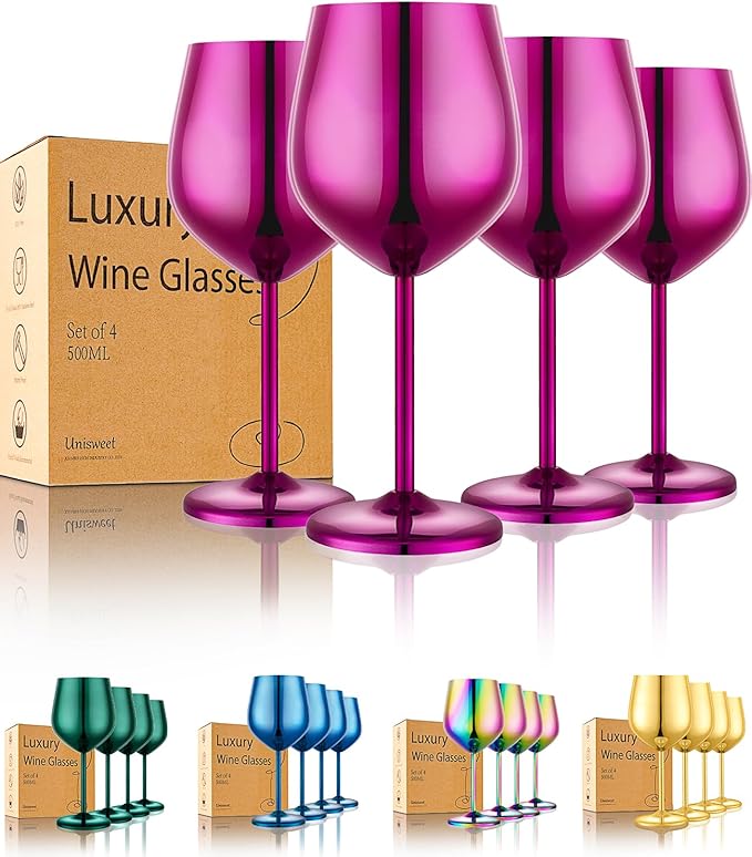 UNISWEET Stainless Steel Wine Glasses Set of 4 Unbreakable Wine Glass 18 oz Unique Metal Wine Goblets for Outdoor, Travel, Camping, Pool, Ideal Gift for Wine Lovers (Purple)