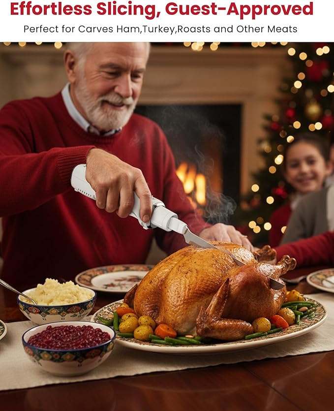 New Upgrade Cordless Electric Knife, Serrated Blade Knife for Turkey, Meat Slicing, Fillet, Bread, Ergonomic Design Cutting Knifes with Comfortable Contoured Grip, USB-C Rechargeable, Easy-Slice,White