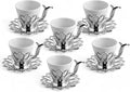 Alisveristime (Set of 6) Turkish Coffee Set with Porcelain Cups, Zamac Holders & Saucers – 80ml Capacity, Ottoman Motif, 4 Color Options (Silver)