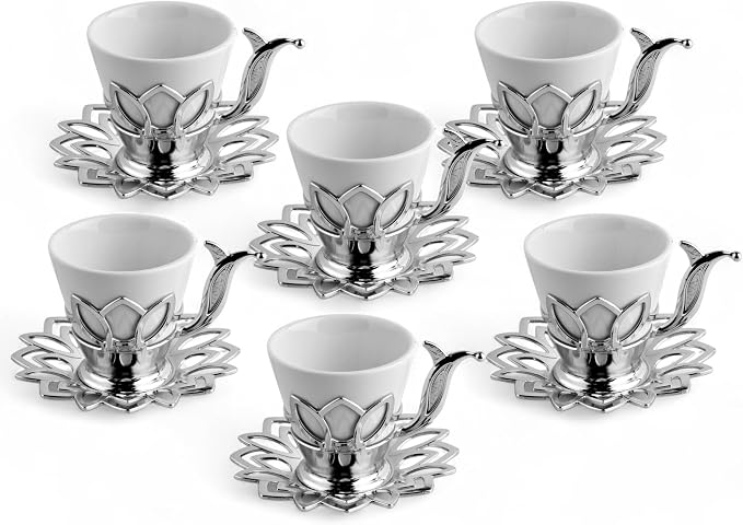 Alisveristime (Set of 6) Turkish Coffee Set with Porcelain Cups, Zamac Holders & Saucers – 80ml Capacity, Ottoman Motif, 4 Color Options (Silver)