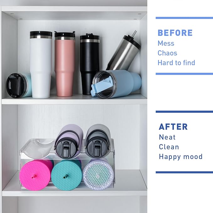 Stackable Water Bottle Organizer for Cabinet, Plastic Bottle Holder Designed for Starbucks Studded Tumblers up to 40oz, Plastic Cup Holder&Wine Rack for Pantry,Cupboard- 2 Layers Hold 6 Bottles