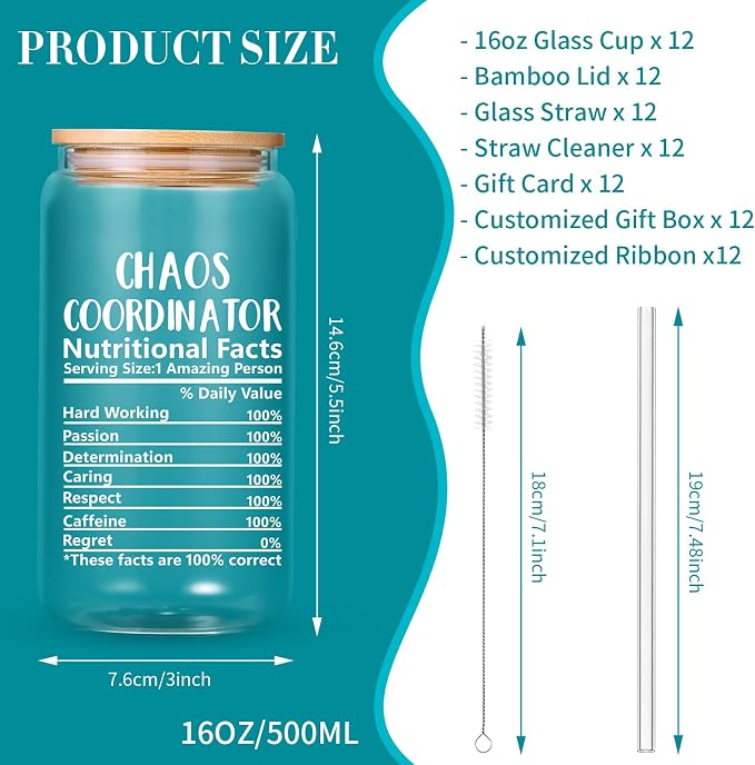 12 Set Employee Appreciation Gifts Bulk, Personalized Chaos Coordinator Gifts for Graduation Season Coworker 16 oz Can Shaped Beer Glass Cups, Gift Box and Card for Team, Party, Women, Men
