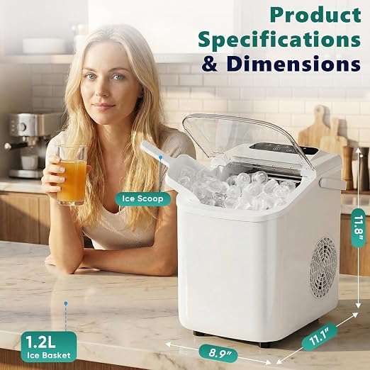 OLIXIS Countertop Ice Maker with Self-Cleaning, Portable Ice Maker Machine with Ice Scoop, 26Lbs/24H, 9 Cubes in 6 Mins, 2 Sizes of Bullet Ice for Home, Kitchen, Office