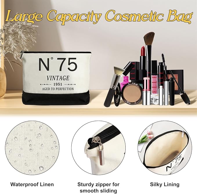 YeohJoy 75th Birthday Gifts for Women Canvas Tote Bag Travel Gear, Unique 75 Years Old Gifts for Wife Mom Sister Aunt Friends Her, Vintage N°75 Handbag & Cosmetic Bag & Back in 1951 Poster