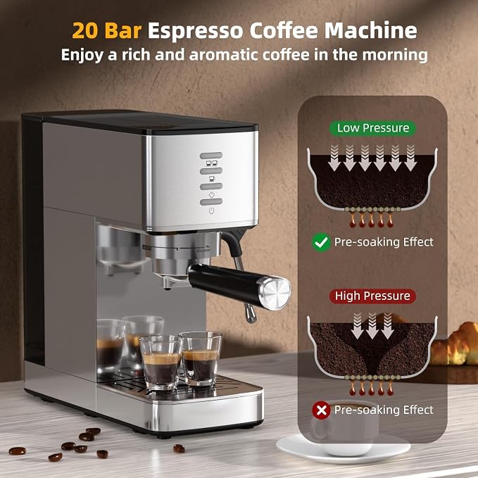 Electactic 20 Bar Coffee Espresso Maker with Fast Cold Brew Function, Built-In Steam Wand, Smart Touch Panel, 37oz Tank for Cappuccino, Latte & Espresso