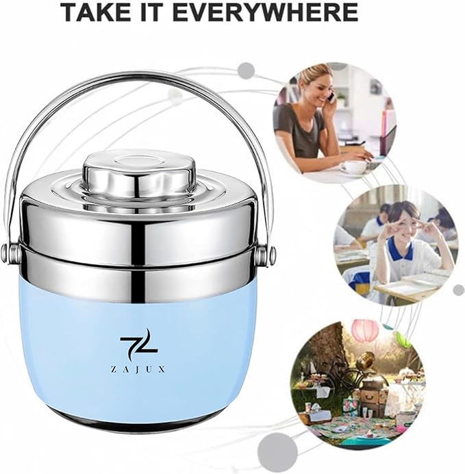 Stainless Steel Lunch Box Light Blue for Adults, Large Capacity 51 oz (1.5 L), Double compartment, keeps food Fresh and Warm, Ideal for Work and Travel, Leak-Proof, Portable.Includes Special Bag