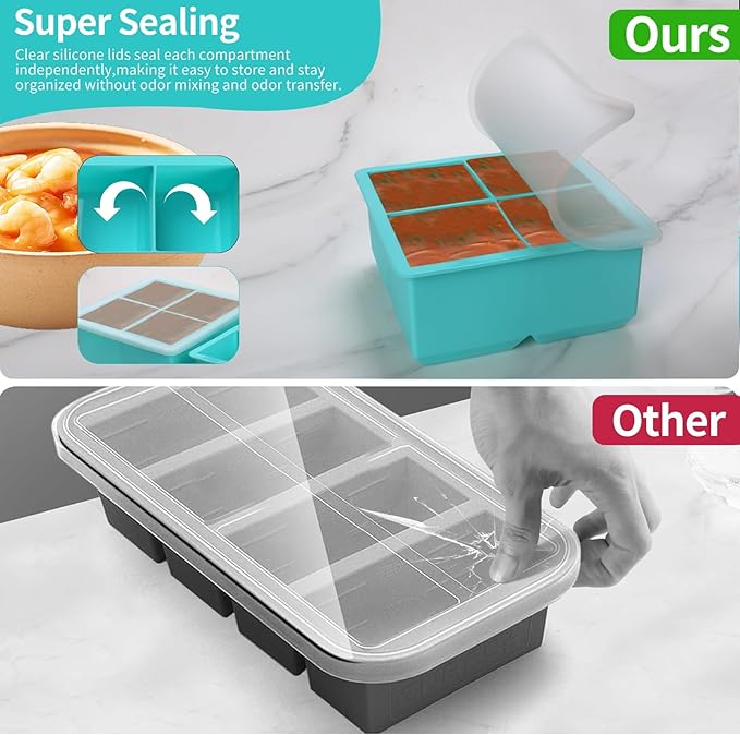 Silicone Freezer Tray With Lid - Silicone Freezer Food Molds- Large Ice Cube Tray,Silicone Freezer Container,Freeze & Store Soup, Sauce, Broth,Leftovers - Makes 4 Perfect 1 Cup (Aqua 2 Pack)