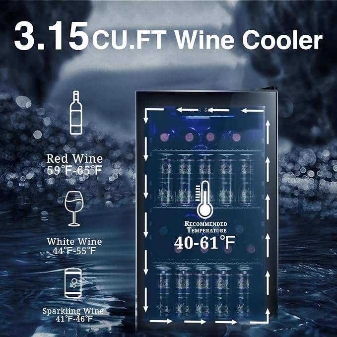 Antarctic Star Wine Cooler 26 Bottle Mini Fridge Drink Refrigerator Small Beer Soda Glass Door Quiet Compressor Freestanding 3.15 Cu.Ft