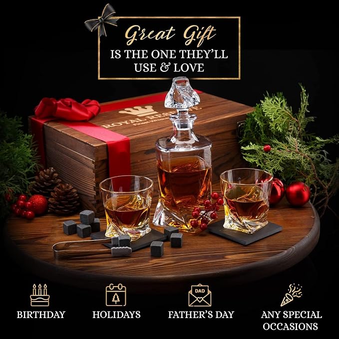 Whiskey Decanter Set by Royal Reserve – Whiskey Gifts Set - Twisted Bourbon Decanter 24 oz with Glasses, Whiskey Stones, Coasters, Tongs – Birthday Gift for Men, Husband, Him, Dad, Boyfriend