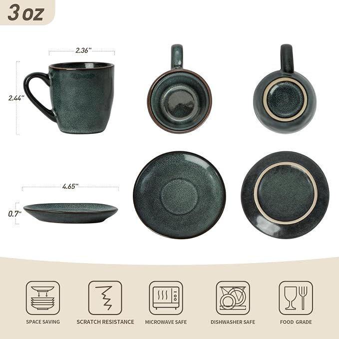 famiware Ocean Espresso Cups with Saucers Set of 4, 3.34oz Espresso Cup Set, Coffee Mug Set for Latte, Macchiato, Stoneware Demitasse Cups Set for Cafe, Microwave&Dishwasher Safe, Deep Forest
