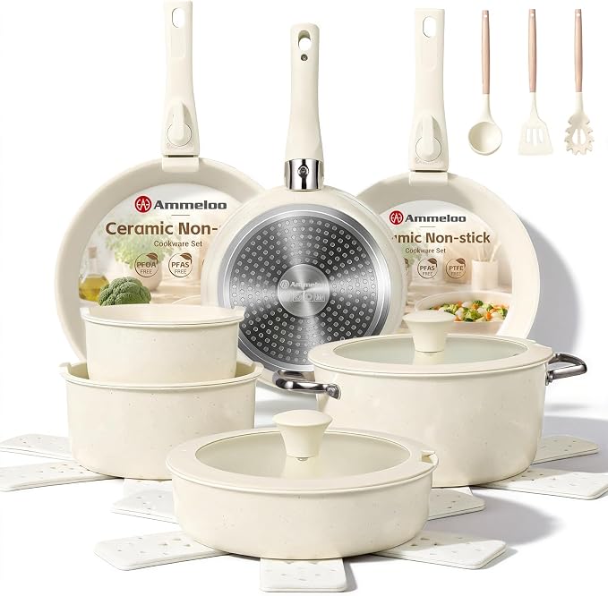 Ammeloo 24-Piece Ceramic Pots and Pans Set Non Stick, Ceramic Cookware Set with Removable Handles, Space Saving, Induction & Oven & Dishwasher Safe, For Small Kitchen, Apartment, RV, Cream White