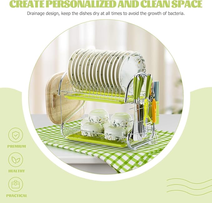 Double-Layer Dish Rack with Bowl Container, Iron Kitchen Utensils Holder, Multifunctional Draining Rack Over Sink Drying and Kitchen Storage, Green
