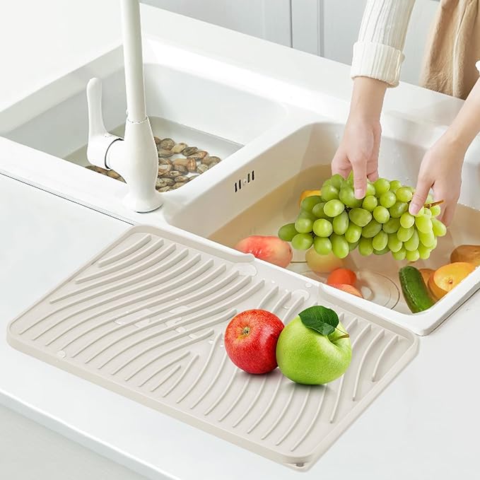 TIKNIK Silicone Dish Drying Mat, Stone Drying Mat for Kitchen Counter with Built-In Drain, Non-Slip Drain Pad with Built-in Drain, Heat Resistant Stone Drying Mat, Hangable, Cream-2pcs, 16" x 12"