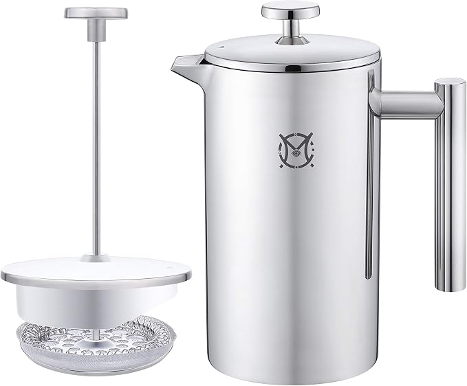 French Press Coffee Maker – Single Serve 1 Cup Small Stainless Steel Thermal Double Walled French Press 350ML/12OZ