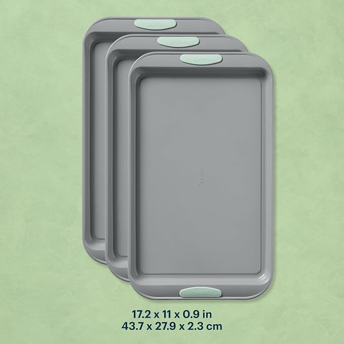 Pyrex 3-Piece Metal Cookie Sheet Bakeware Set, Lightweight Stainless Steel Baking Trays with Heatsafe Silicone Handles, Cookie Sheet Baking Pan, Sage