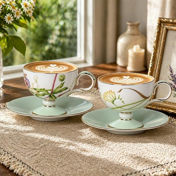 KAMMAK Ceramic Coffee Cups Saucers Set of 2, Porcelain Espresso Cup with Saucer, 6.76 oz Handmade Elegant Bone China Tea Cups, Ceramic Floral Pattern Demitasse Cup for Latte, Americano, Cappuccino